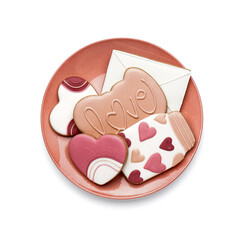 Plate with tasty cookies for Valentine's Day celebration on white background