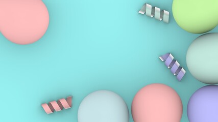 3d rendering illustration of pastel color balloons and ribbons on pastel blue background for birthday, party, social media, banner, promotion, poster