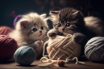 Fototapeta na wymiar Two kittens playing with ball of yarn, Generative AI