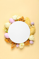 Blank card with flowers, eggs and treats on beige background. Novruz Bayram celebration