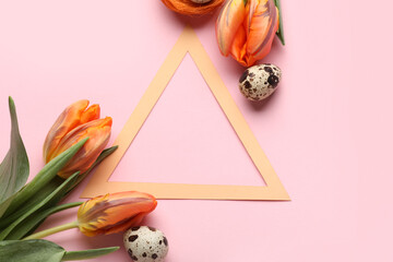 Triangular frame, beautiful tulip flowers and quail eggs on pink background