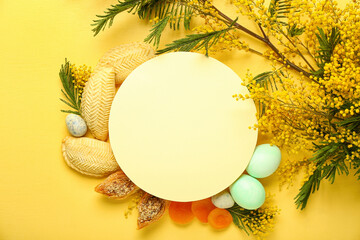 Blank card with flowers, eggs and treats on yellow background. Novruz Bayram celebration
