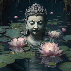 Buddha statue in water lily pond created using generative AI technology