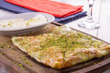 Delicious Turkish Traditional Dessert Katmer from Gaziantep . Green pistachio