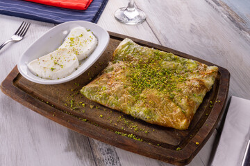Delicious Turkish Traditional Dessert Katmer from Gaziantep . Green pistachio