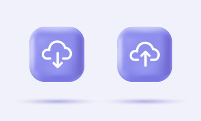 3d download and upload icons on realistic violet buttons. Modern infographic logo and pictogram collection. Vector cartoon illustration.