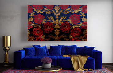 Modern Living Room with Antique Blue Color Luxury Sofa and Painting AI Generative  