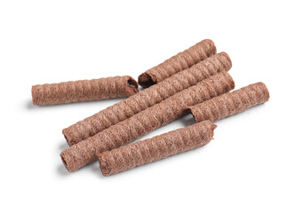 Delicious chocolate wafer rolls isolated on white background