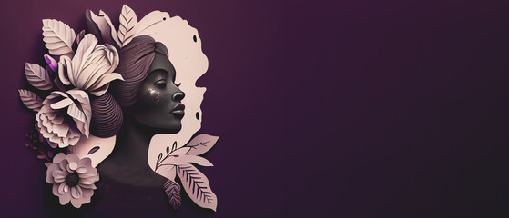International Women's Day 8 march background with copy space. Woman Head Illustration from Side View Happy Women's Day. Template for UI, Web, Banner, or Greeting Card. Wide angle format banner.
