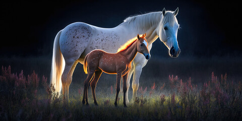 Mare with foal in meadow. Post-processed generative AI