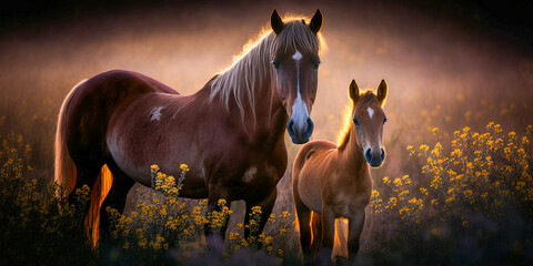 Mare with foal in meadow. Post-processed generative AI - obrazy, fototapety, plakaty