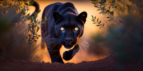 Black panther stalking prey  in the savannah. Post-processed generative AI.	