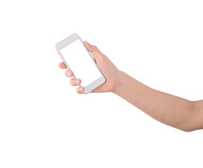 Woman holding mobile phone with blank screen on white background