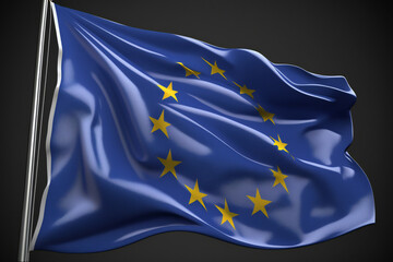 European Union flag waving in the wind, golden stars on blue background, Official EU flag