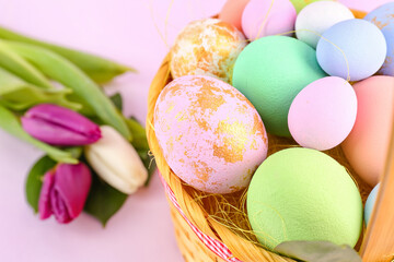 Basket with painted Easter eggs, closeup
