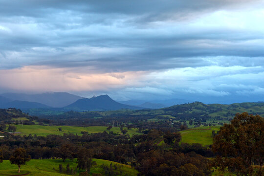 Australian Farm Landscape with Mountains in the Background