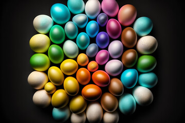 Top view of colorful Easter eggs isolated on black background generated by AI