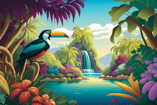 Set of Backgrounds with tropical jungle plants and birdsz, with this Set of Vibrant Backgrounds, generative ai