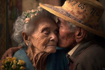 Fototapeta na wymiar Grandparents kissing affectionately. ia generate