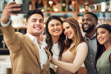 Group of people, event or party selfie in restaurant for luxury, formal night and happy love celebration. Profile picture, women or friends for valentines update or post on social media in diversity