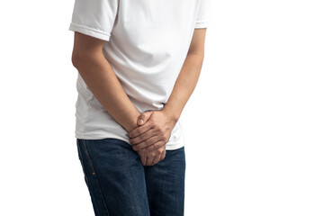 The man touched the crotch of his pants with pain. transparent background