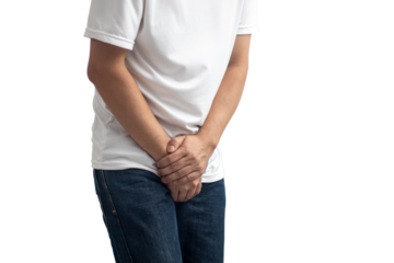 The man touched the crotch of his pants with pain. transparent background