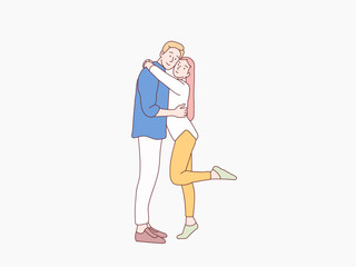 Couple In Love of joyful man hugging his girlfriend standing together simple korean style illustration