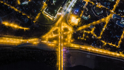 Kaluga, Russia. Entrance to the city center of Kaluga Gagarin interchange. Night illumination, Aerial View