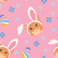 Easter pattern with heads of cat, eggs and flowers on pink background