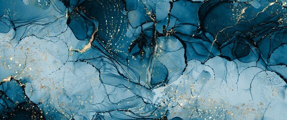 Watercolor abstract background made with alcohol ink technique decorated with gold glitter paths, blue color accent  - obrazy, fototapety, plakaty