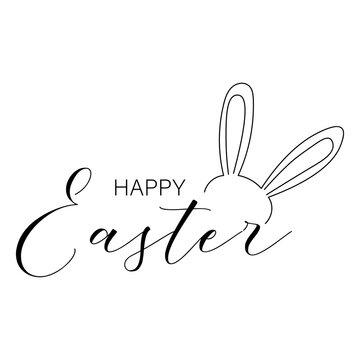 Text HAPPY EASTER and bunny ears on white background