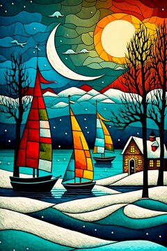 Landscape Digital Illustration of Lake and Sailboats in a Bold, Colorful Folk Art Style, with Strong Lines and Strong Palette. Made in Part with Generative AI.
