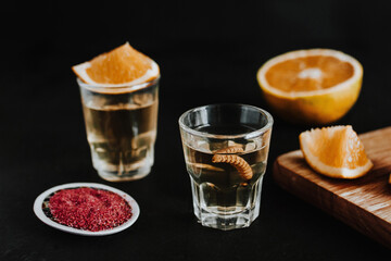 Mexican Mezcal Shots with worm, orange slice and spicy Salt in Mexico Latin America