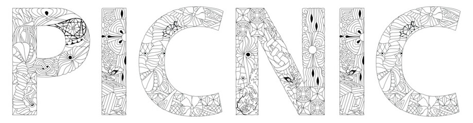 Vector illustration of PICNIC text for coloring
