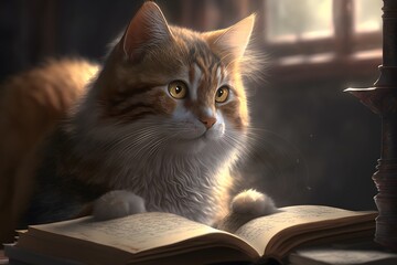 cat reading book created using AI Generative Technology