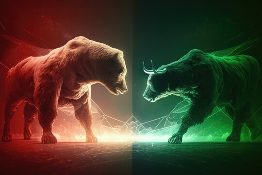Bull and bear fighting, concept of stock market exchange or financial technology, red and green theme, Generative AI