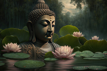 buddha statue with flower created using generative artificial intelligence - obrazy, fototapety, plakaty