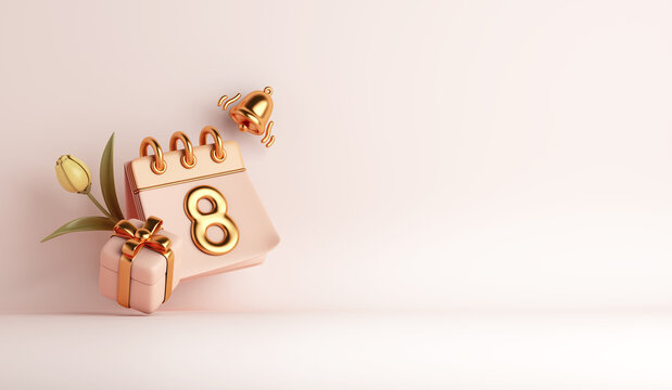 International Women's Day concept with March 8th calendar, gift box, tulip flower, bell, copy space text, 3D rendering illustration