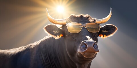 bull wearing summer sunglasses, summer background, generative AI