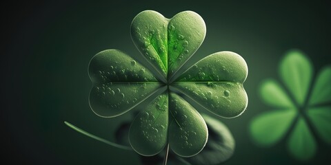 Lucky Green Four-Leaf Clover Isolated, St. Patrick's Day Concept, St. Patrick's Day Greeting Card background template with space for text generative ai 