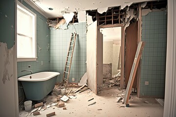 Master Bathroom Remodeling: Demolition Phase - Removing Tiles and Wallpapers to the Stud Walls. Photo AI