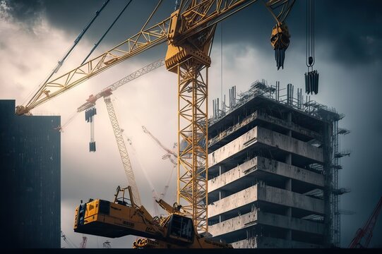 Building Construction: Tower Cranes Erected on a Building Site. Photo AI