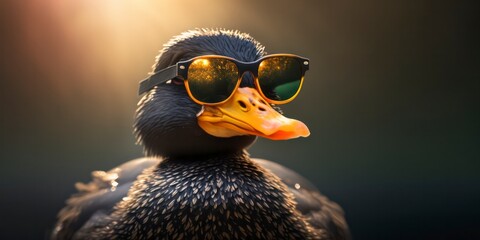 cute duck wearing summer sunglasses, summer background, Generative AI