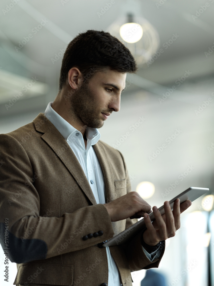 Poster technology, internet and businessman with tablet reading email, sales or social media on web. resear