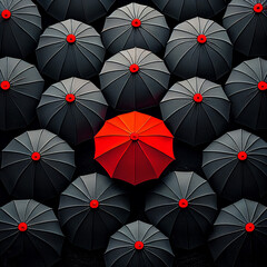A sea of black umbrellas with one red umbrella that stands out of from the crowd
