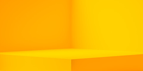Empty pedestal display on yellow background with blank stand for product show or presentation. orange background podium for product. 3D rendering.