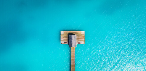 Beautiful Maldives paradise. Tropical aerial travel landscape, seascape with wooden bridge, water...