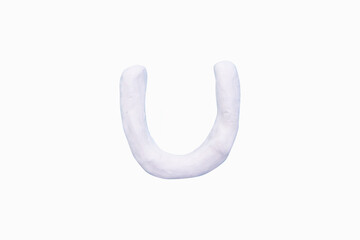 "U" Colour plasticine uppercase letters isolated on a white background. English It is a universal language used all over the world. Children's alphabet for education and development of English.	
