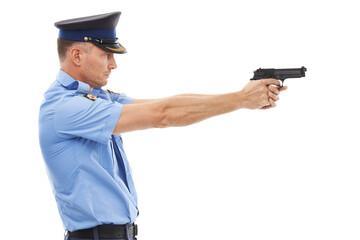 Man, police officer and pointing gun ready to fire or shoot standing isolated on a white studio background. Male security guard or detective holding firearm to uphold the law, stop crime or violence