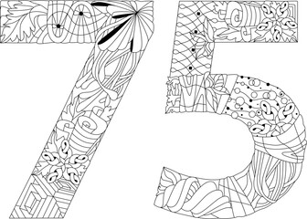 75 number vintage font for coloring. Engraving design. Vector illustration.